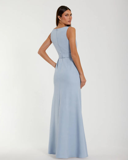 Mac Duggal Blue Boat Neck Crepe Trumpet Gown With Flower