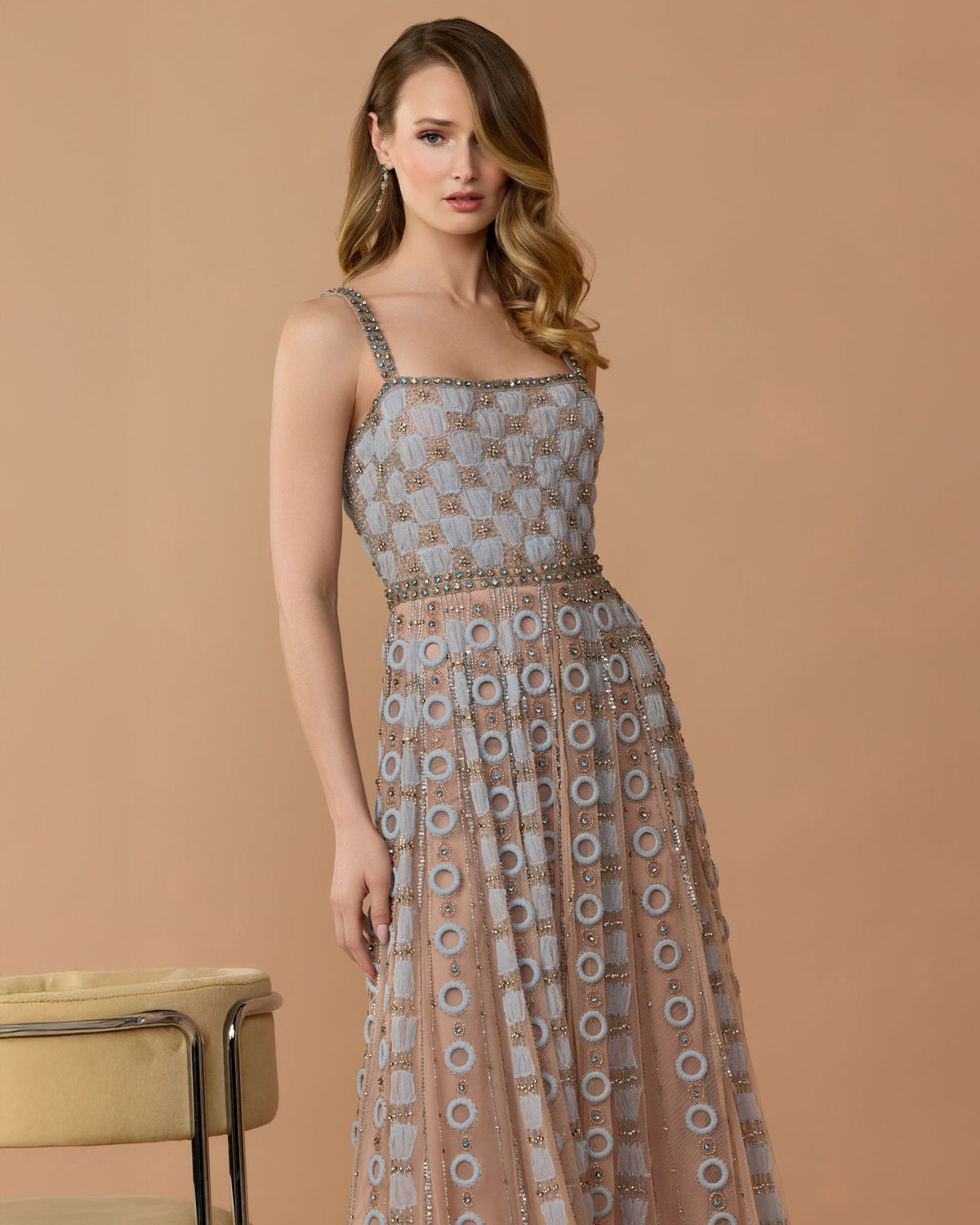Mac Duggal Petite Light Blue Sleeveless Embellished A-line Gown
