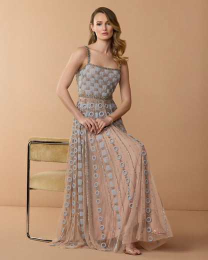 Mac Duggal Petite Light Blue Sleeveless Embellished A-line Gown