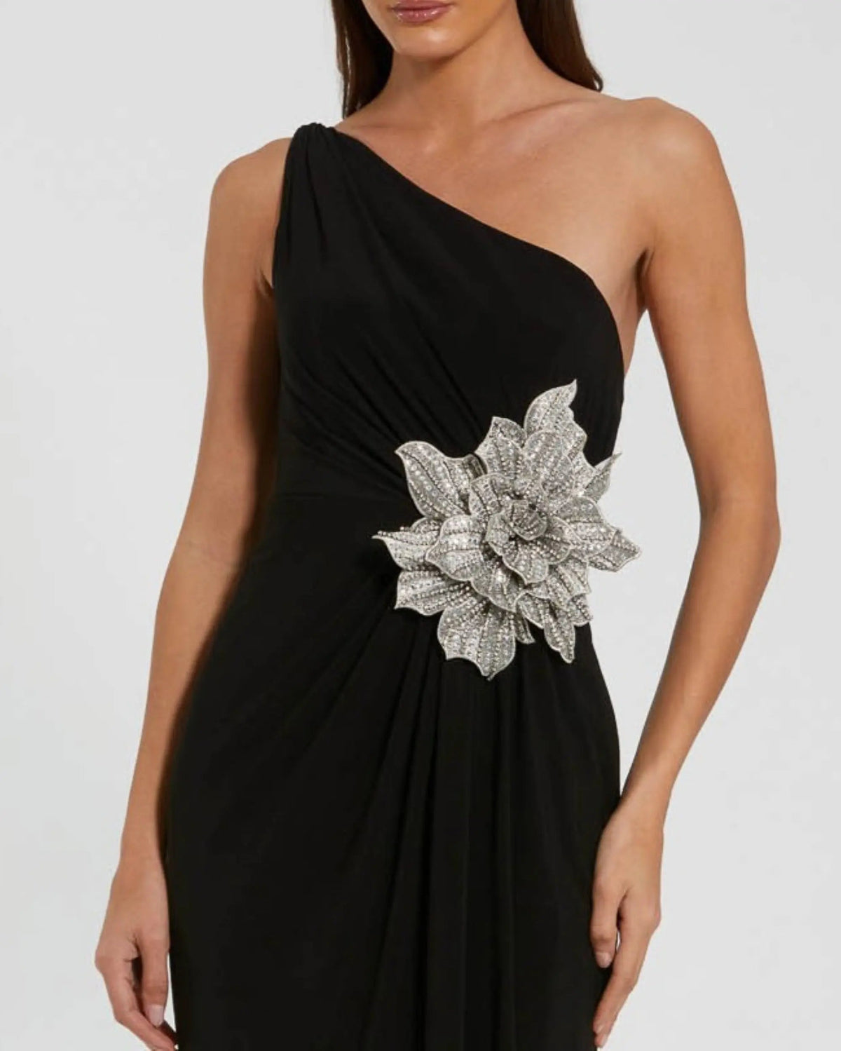 Mac Duggal Black One Shoulder Jersey Gown With Rhinestone Flower