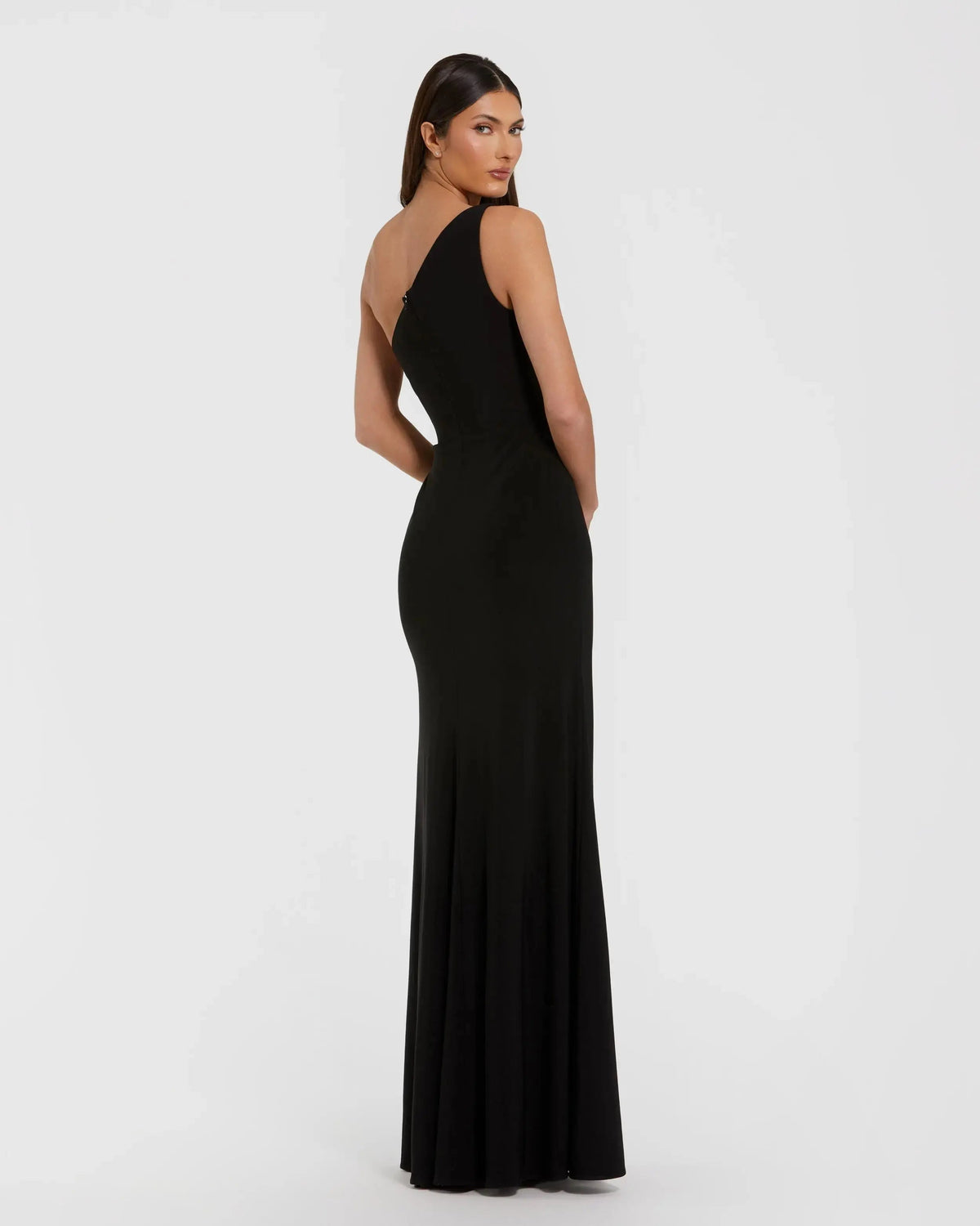 Mac Duggal Black One Shoulder Jersey Gown With Rhinestone Flower