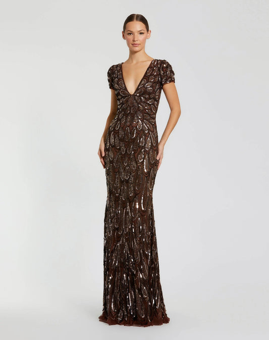 Mac Duggal Brown Embellished Deep V-Neck Column Gown