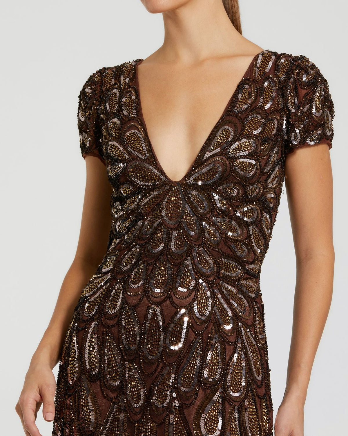 Mac Duggal Brown Embellished Deep V-Neck Column Gown