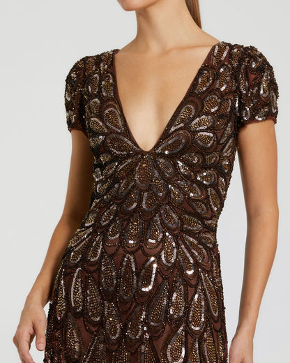 Mac Duggal Brown Embellished Deep V-Neck Column Gown