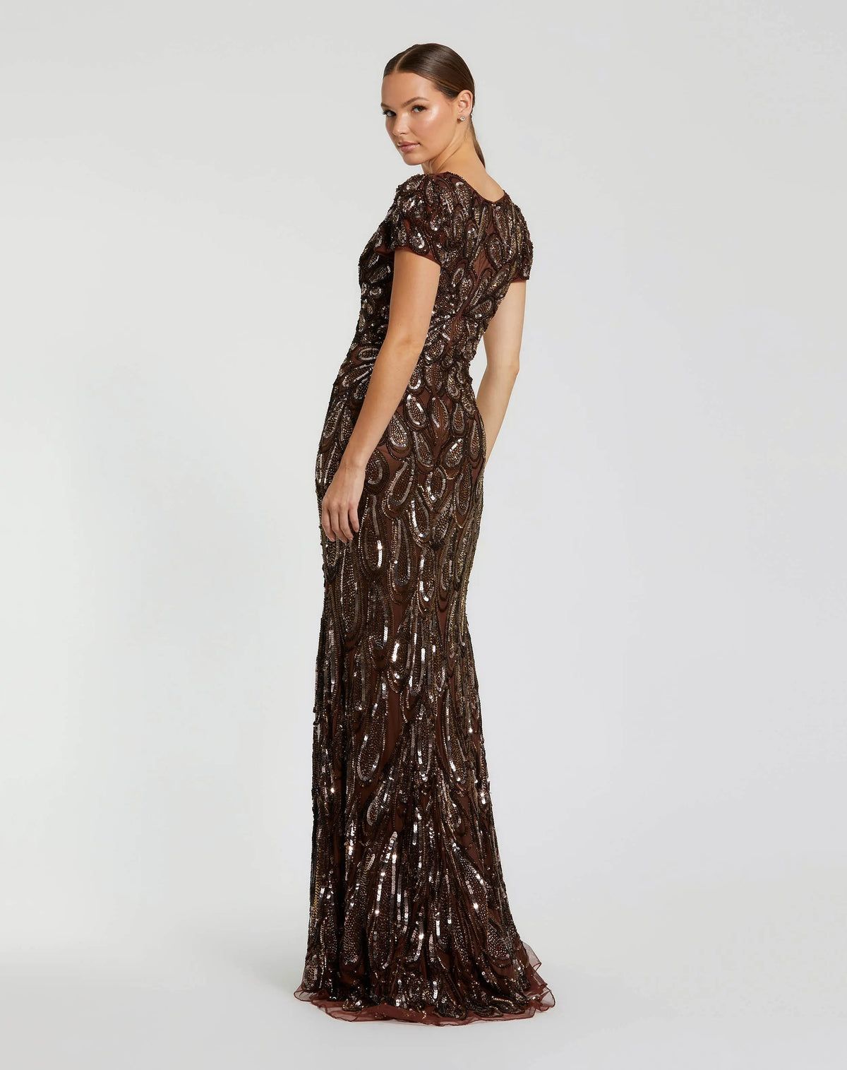 Mac Duggal Brown Embellished Deep V-Neck Column Gown