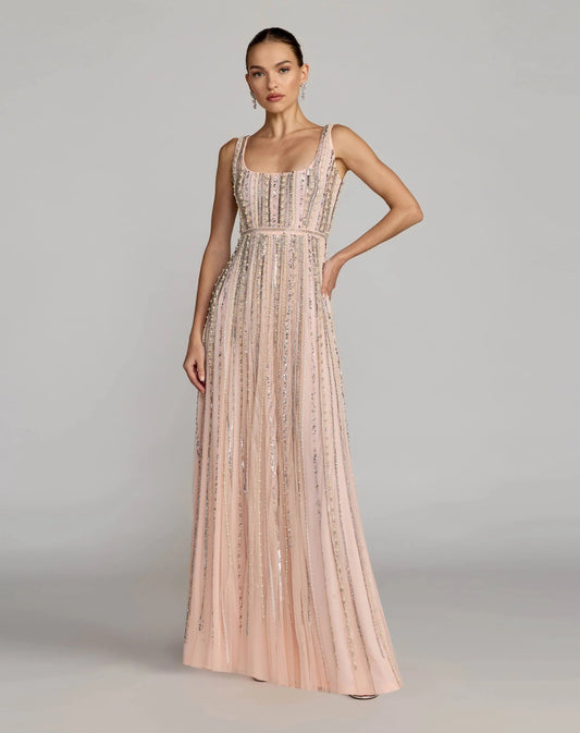 Mac Duggal Pink Scoop Neck A-Line Gown With Striped Beading