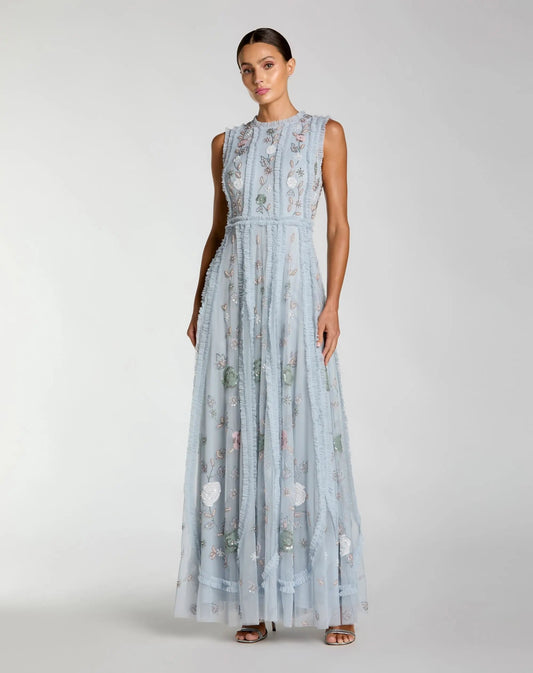 Mac Duggal Blue Floral Mesh Sleeveless A Line Micro Ruffle Gown