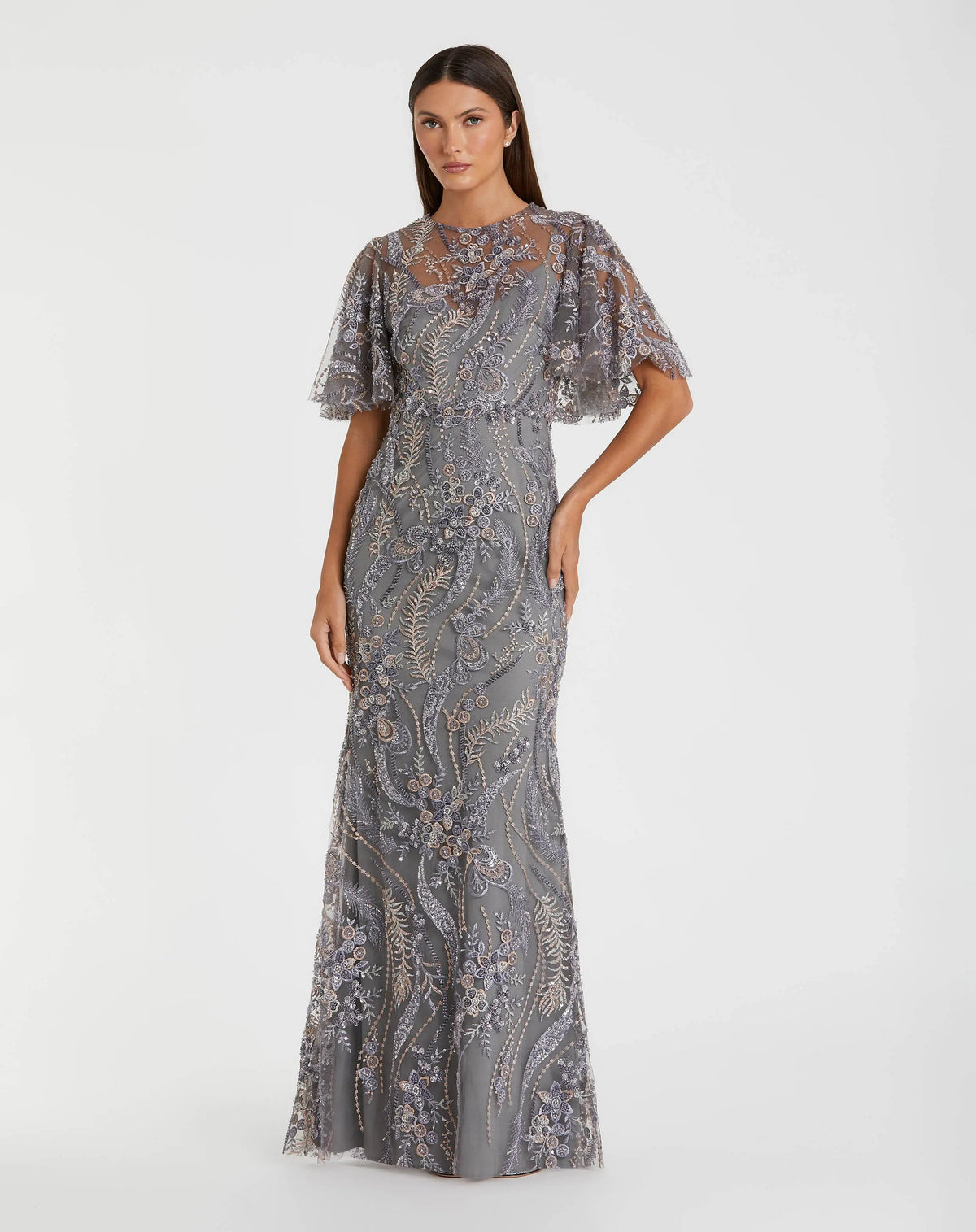 Mac Duggal Gray High Neck Flutter Sleeve Embroidered Gown