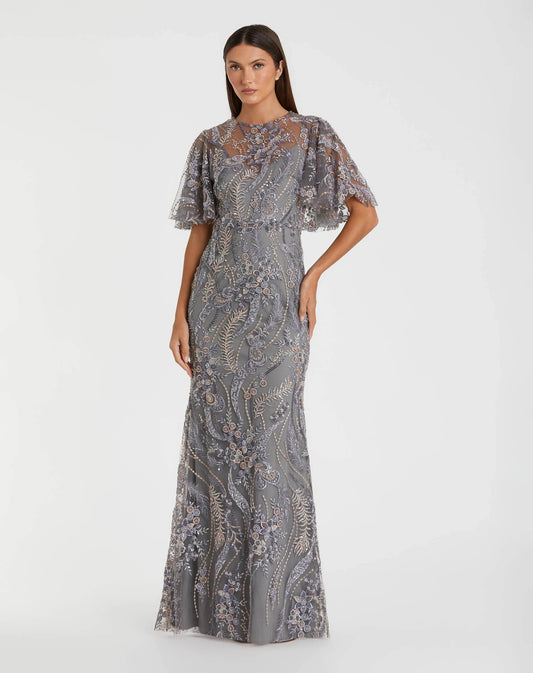 Mac Duggal Gray High Neck Flutter Sleeve Embroidered Gown