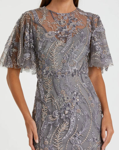 Mac Duggal Gray High Neck Flutter Sleeve Embroidered Gown