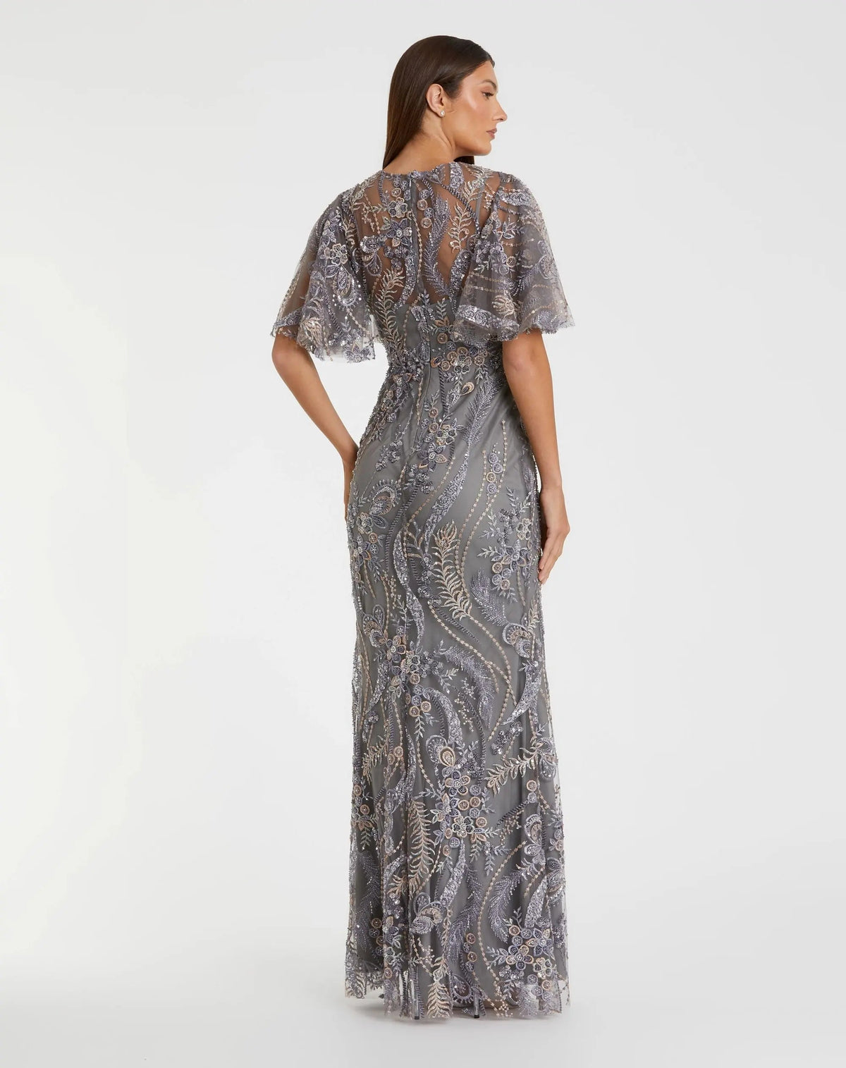 Mac Duggal Gray High Neck Flutter Sleeve Embroidered Gown