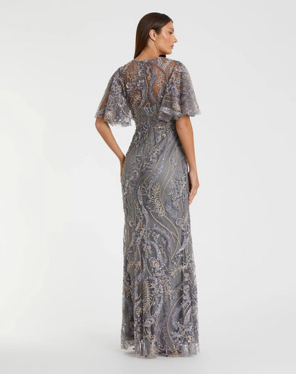 Mac Duggal Gray High Neck Flutter Sleeve Embroidered Gown