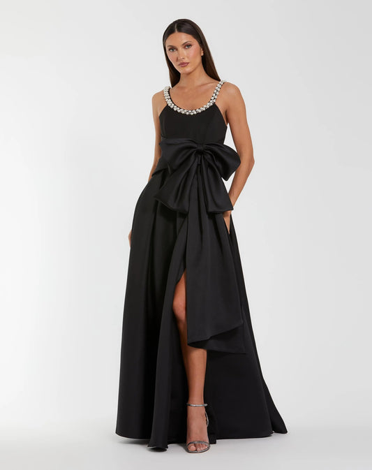 Mac Duggal Black Satin Gown With Pearl Neckline and Bow Detail