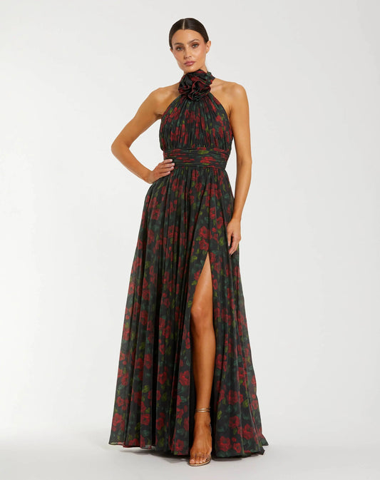 Mac Duggal Black Floral Print Halter Neck Gown with Rosette