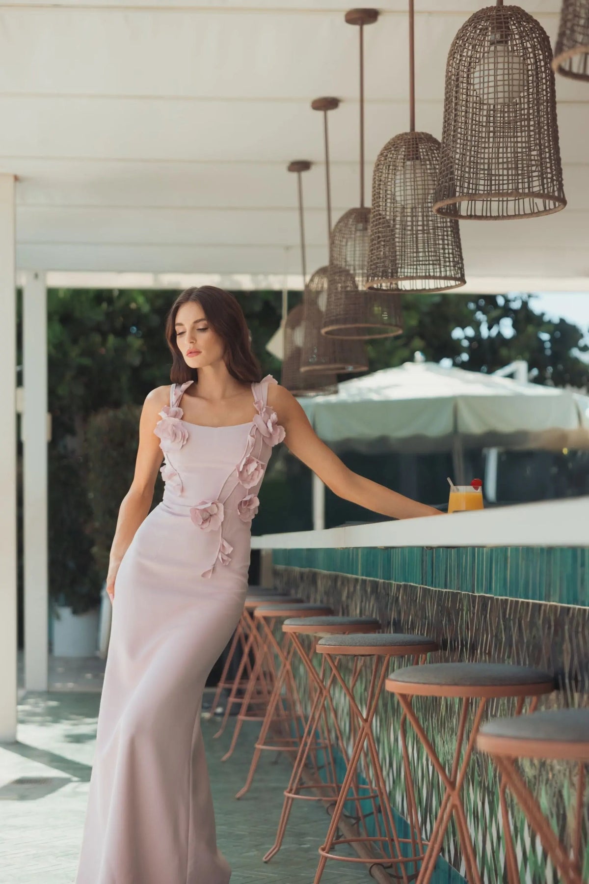 Mac Duggal Pink Sleeveless Crepe Column Gown With Floral Detail