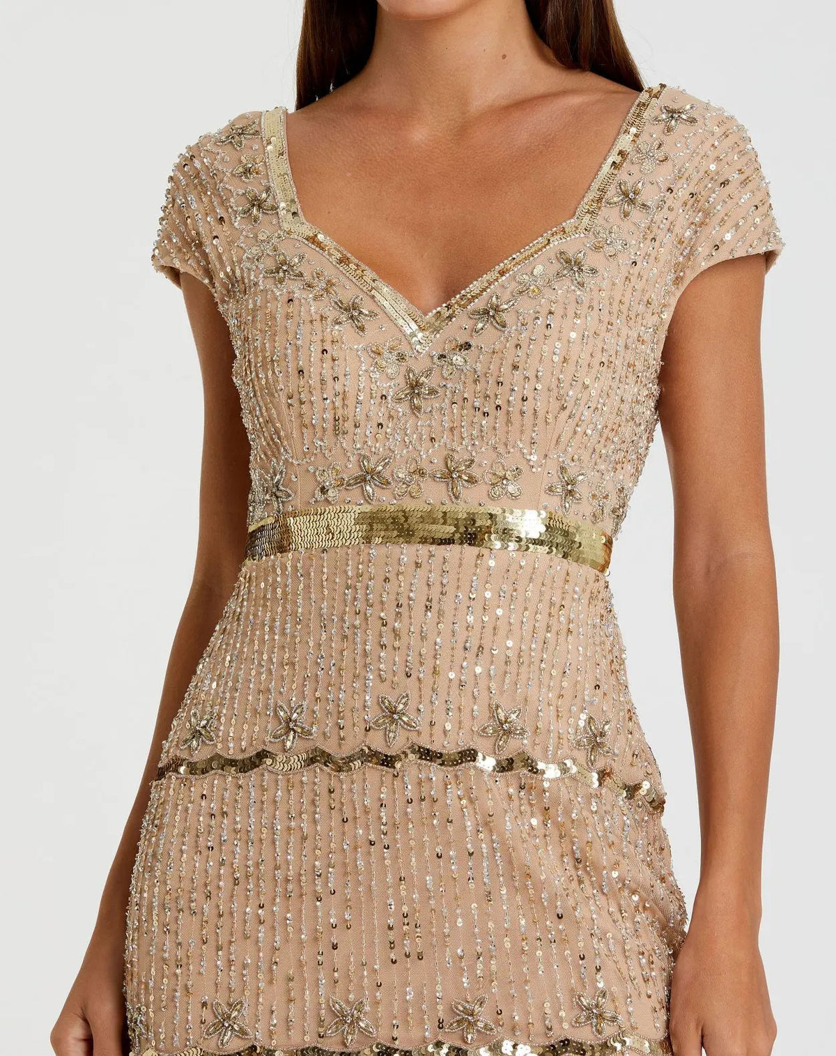 Mac Duggal Gold Sequin Cap Sleeve Sweetheart Column Gown