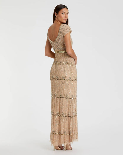 Mac Duggal Gold Sequin Cap Sleeve Sweetheart Column Gown