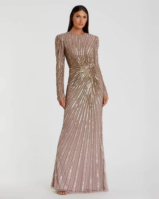Mac Duggal Brown Embellished Puff Sleeve Side Knot Gown Duggal