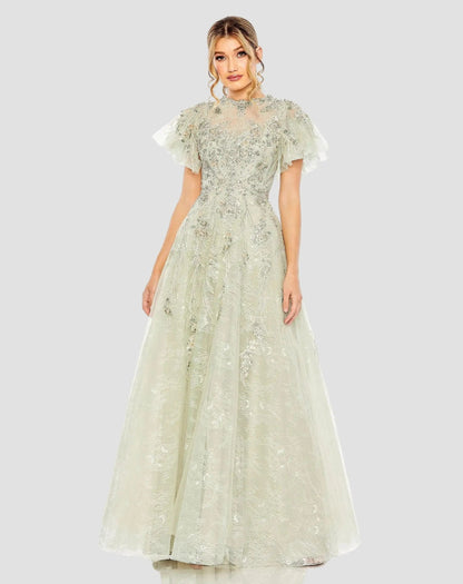 Mac Duggal Green Embroidered Tulle Flutter Sleeve A-line Gown