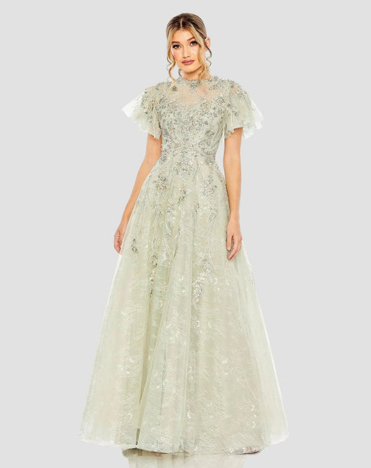 Mac Duggal Green Embroidered Tulle Flutter Sleeve A-line Gown