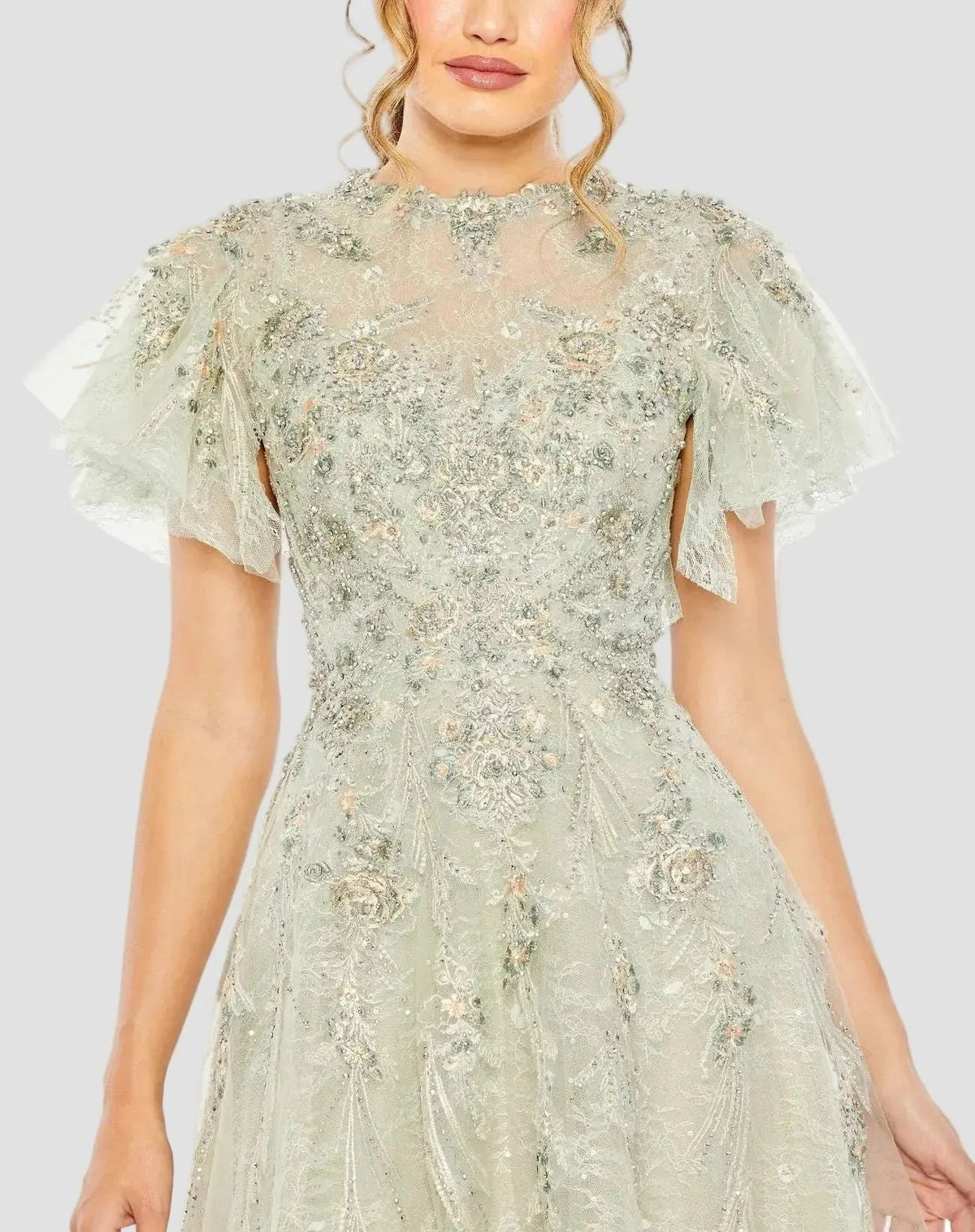 Mac Duggal Green Embroidered Tulle Flutter Sleeve A-line Gown