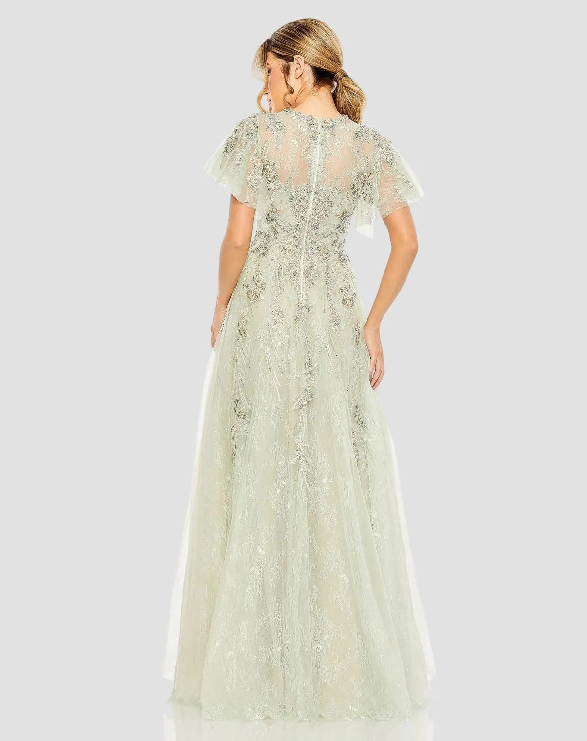 Mac Duggal Green Embroidered Tulle Flutter Sleeve A-line Gown
