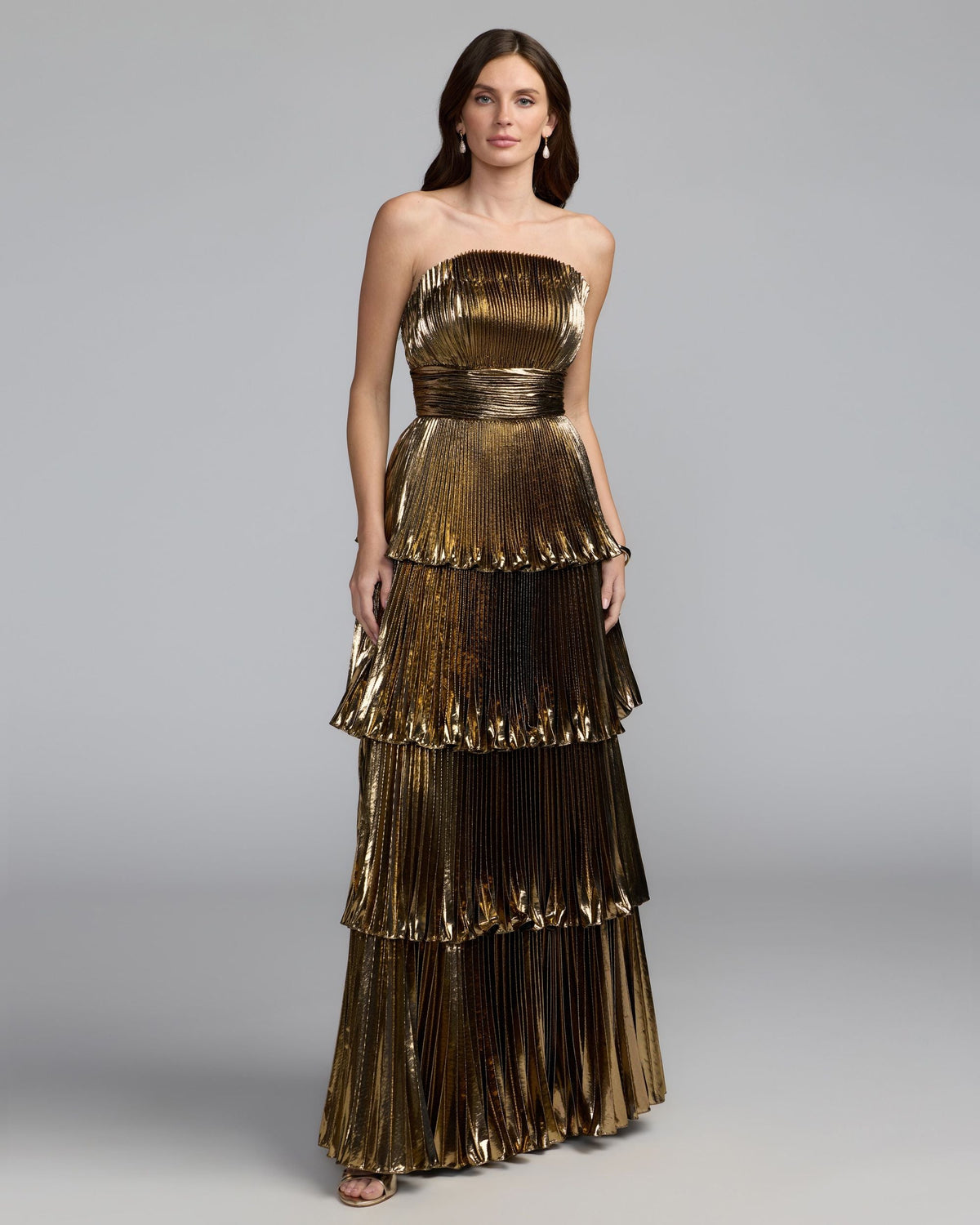 Mac Duggal Deep Gold Strapless Pleated Metallic Ruffle Gown