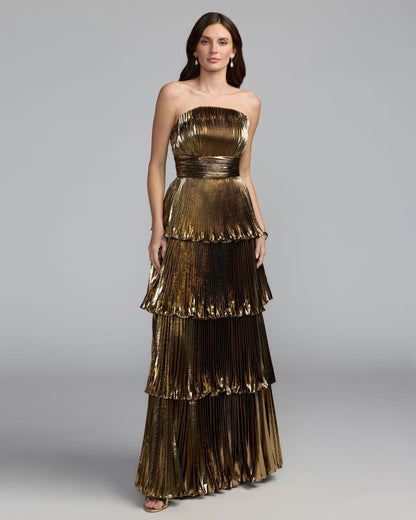 Mac Duggal Deep Gold Strapless Pleated Metallic Ruffle Gown