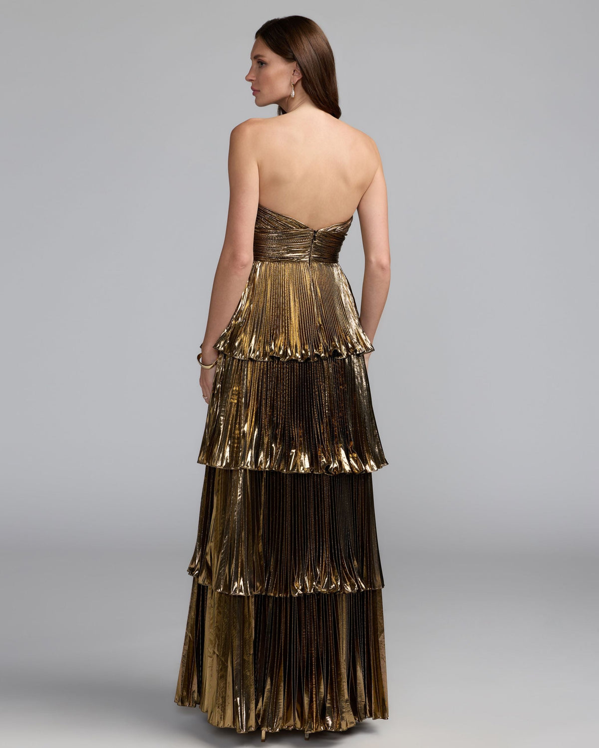 Mac Duggal Deep Gold Strapless Pleated Metallic Ruffle Gown