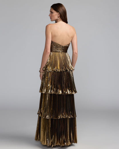 Mac Duggal Deep Gold Strapless Pleated Metallic Ruffle Gown