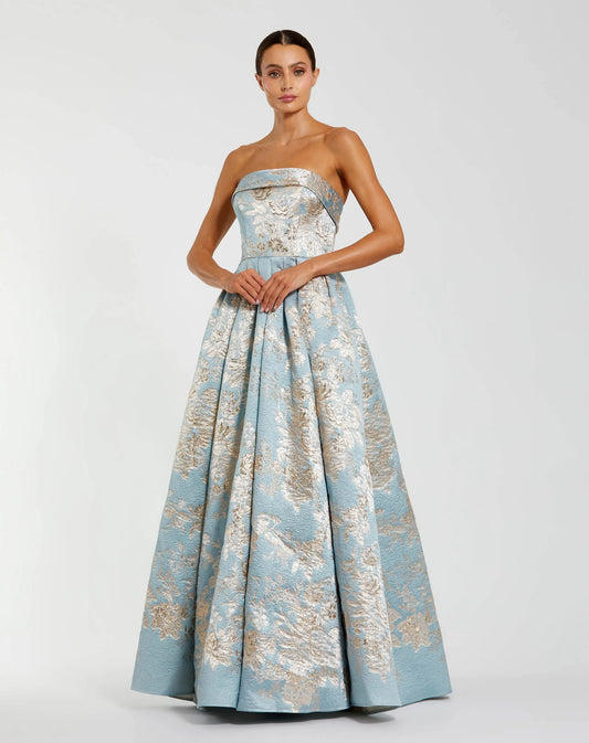 Mac Duggal Blue Strapless Brocade Ball Gown with Pockets