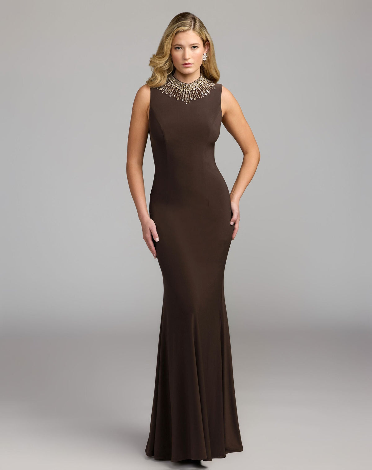 Mac Duggal Brown Embellished High Neck Sleeveless Jersey Gown