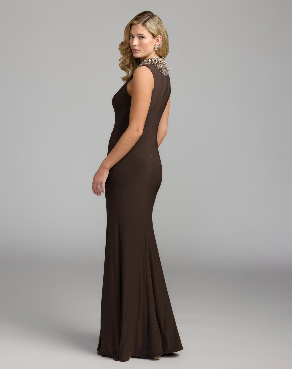 Mac Duggal Brown Embellished High Neck Sleeveless Jersey Gown