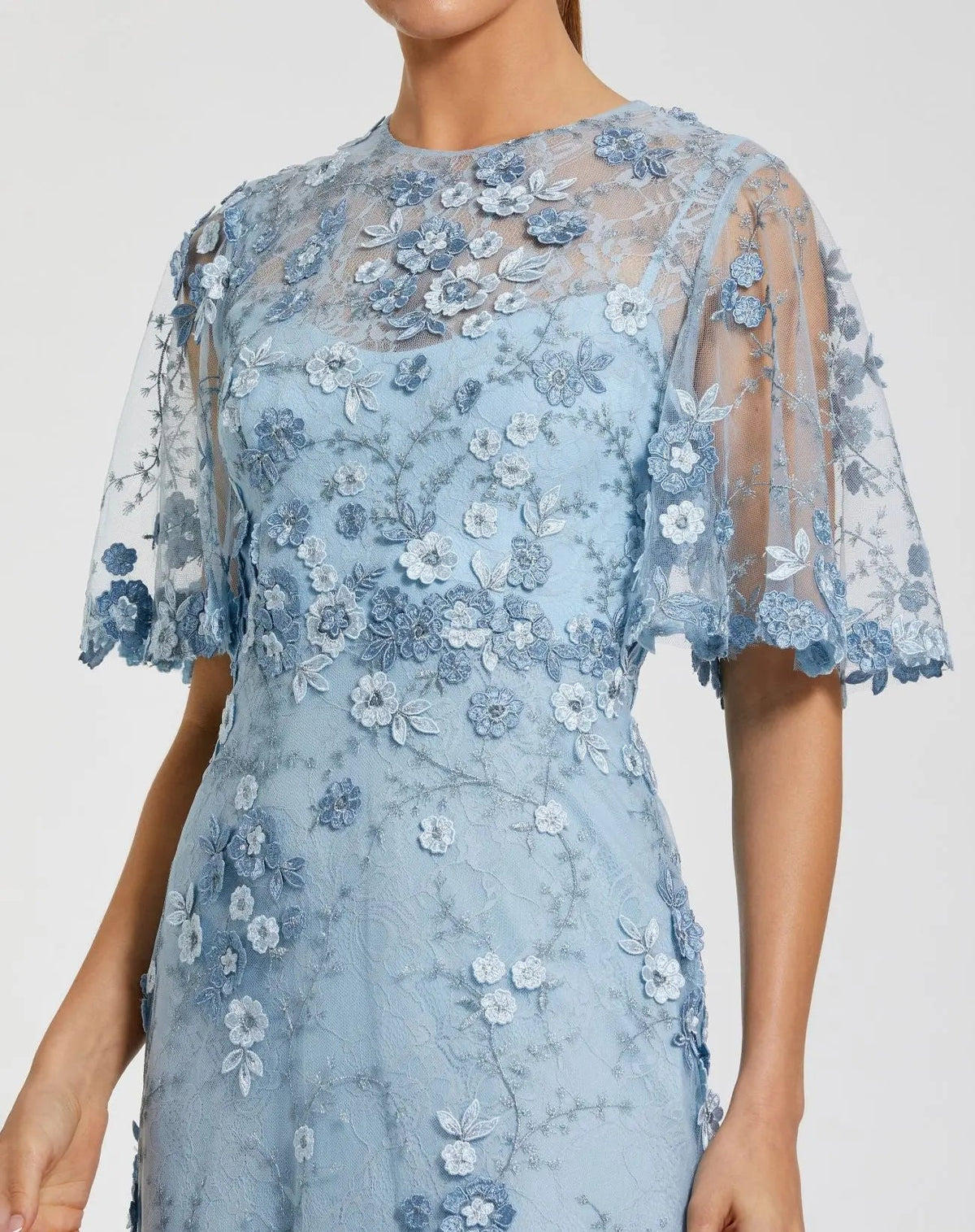 Mac Duggal Petite Blue Flutter Sleeve Floral Embroidered Net Gown