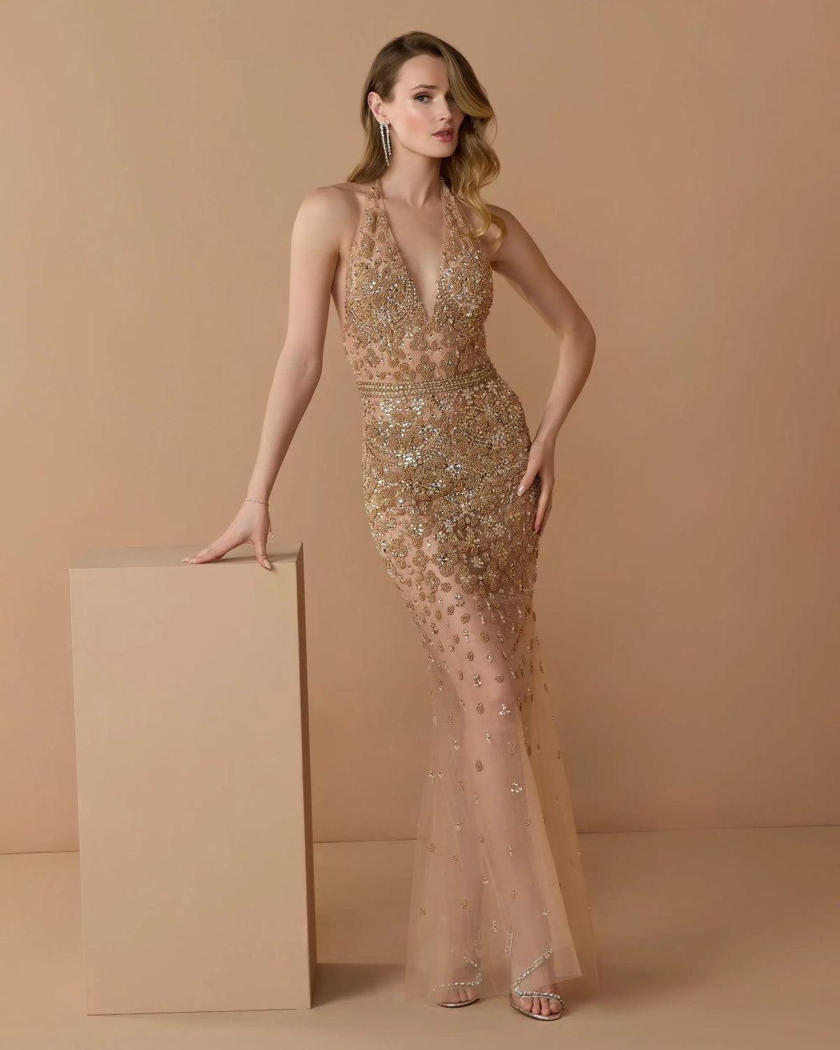 Mac Duggal Gold Hand Embellished Open Back Halter Gown