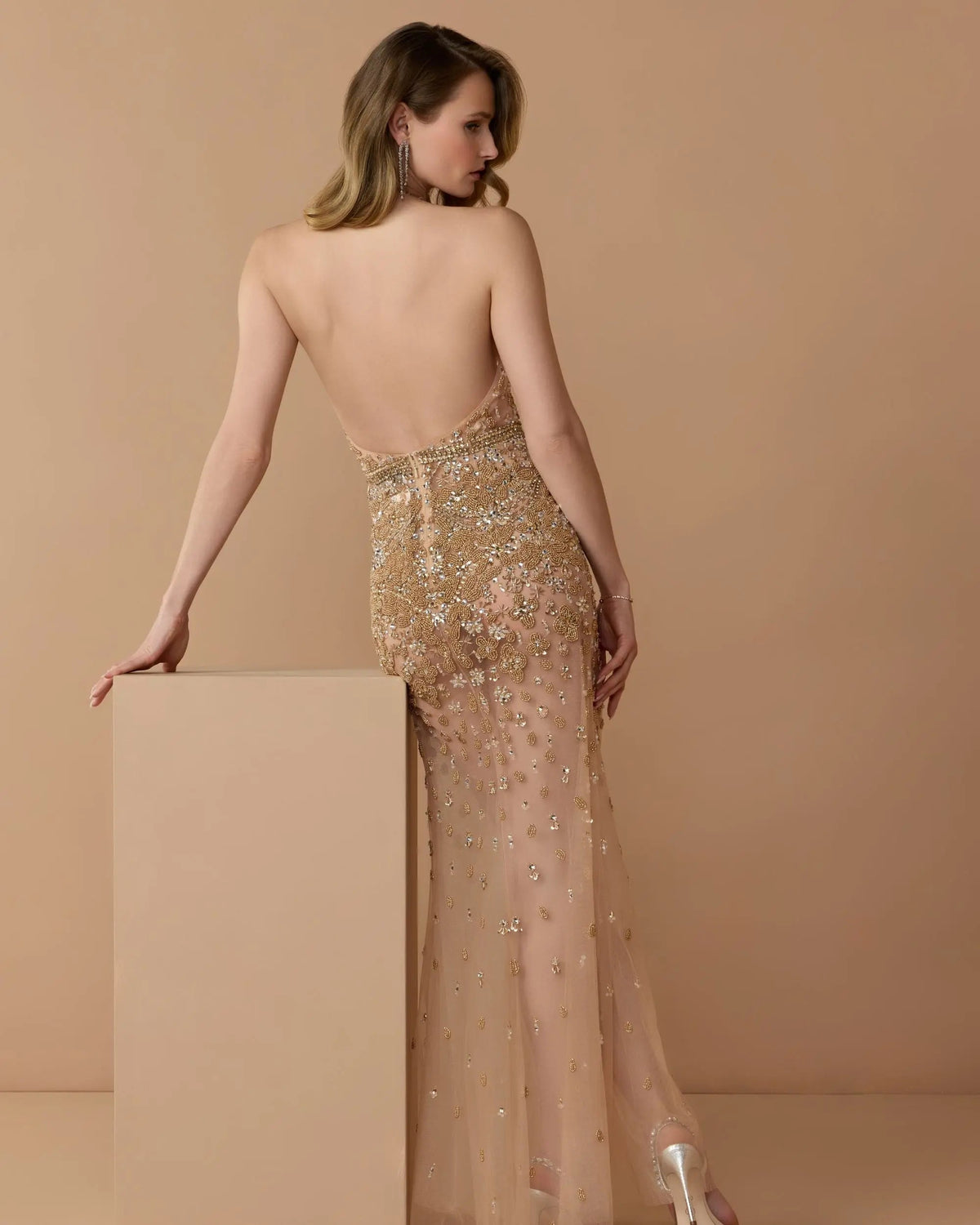 Mac Duggal Gold Hand Embellished Open Back Halter Gown
