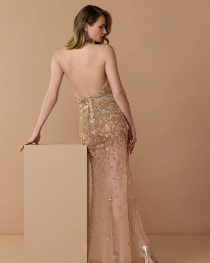 Mac Duggal Gold Hand Embellished Open Back Halter Gown