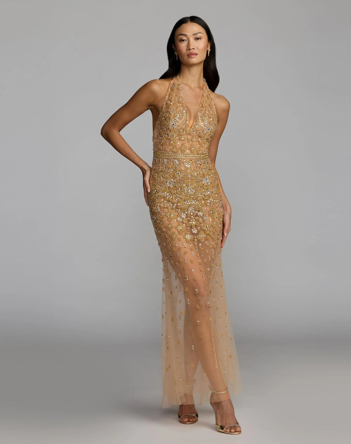 Mac Duggal Gold Hand Embellished Open Back Halter Gown