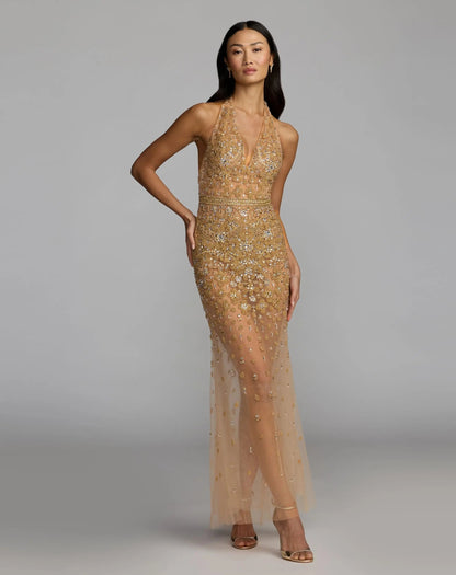 Mac Duggal Gold Hand Embellished Open Back Halter Gown