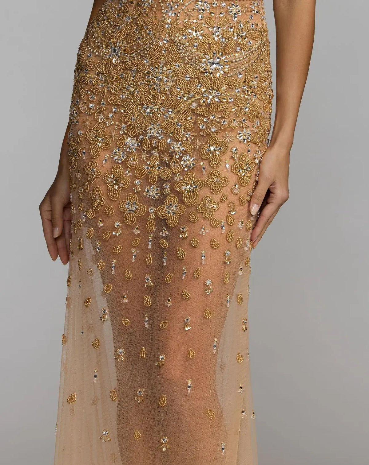 Mac Duggal Gold Hand Embellished Open Back Halter Gown