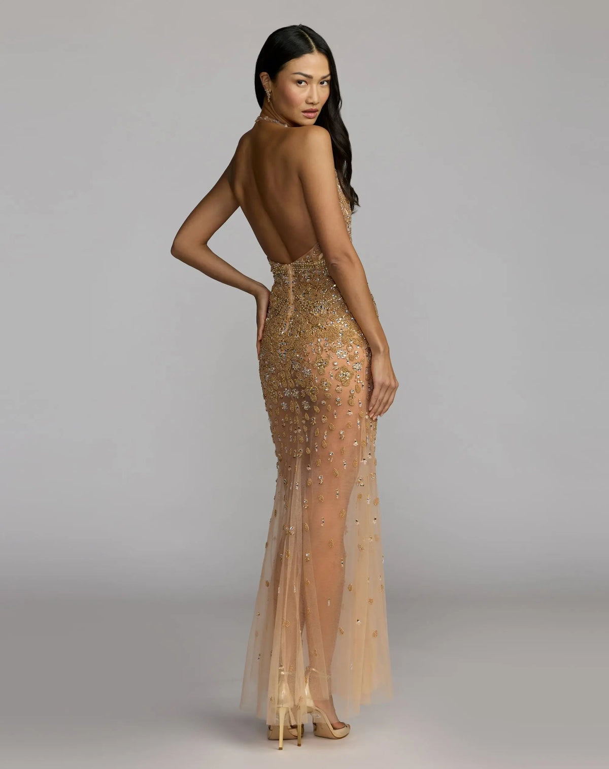 Mac Duggal Gold Hand Embellished Open Back Halter Gown