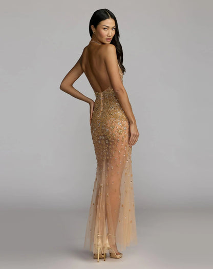 Mac Duggal Gold Hand Embellished Open Back Halter Gown