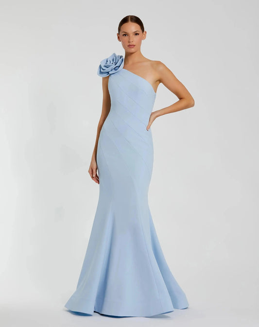 Mac Duggal Blue One Shoulder Mermaid Gown With 3D Flower
