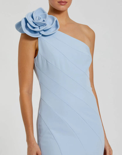 Mac Duggal Blue One Shoulder Mermaid Gown With 3D Flower