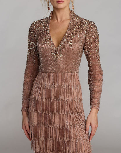 Mac Duggal Brown Beaded Long Sleeve Fringe Column Gown