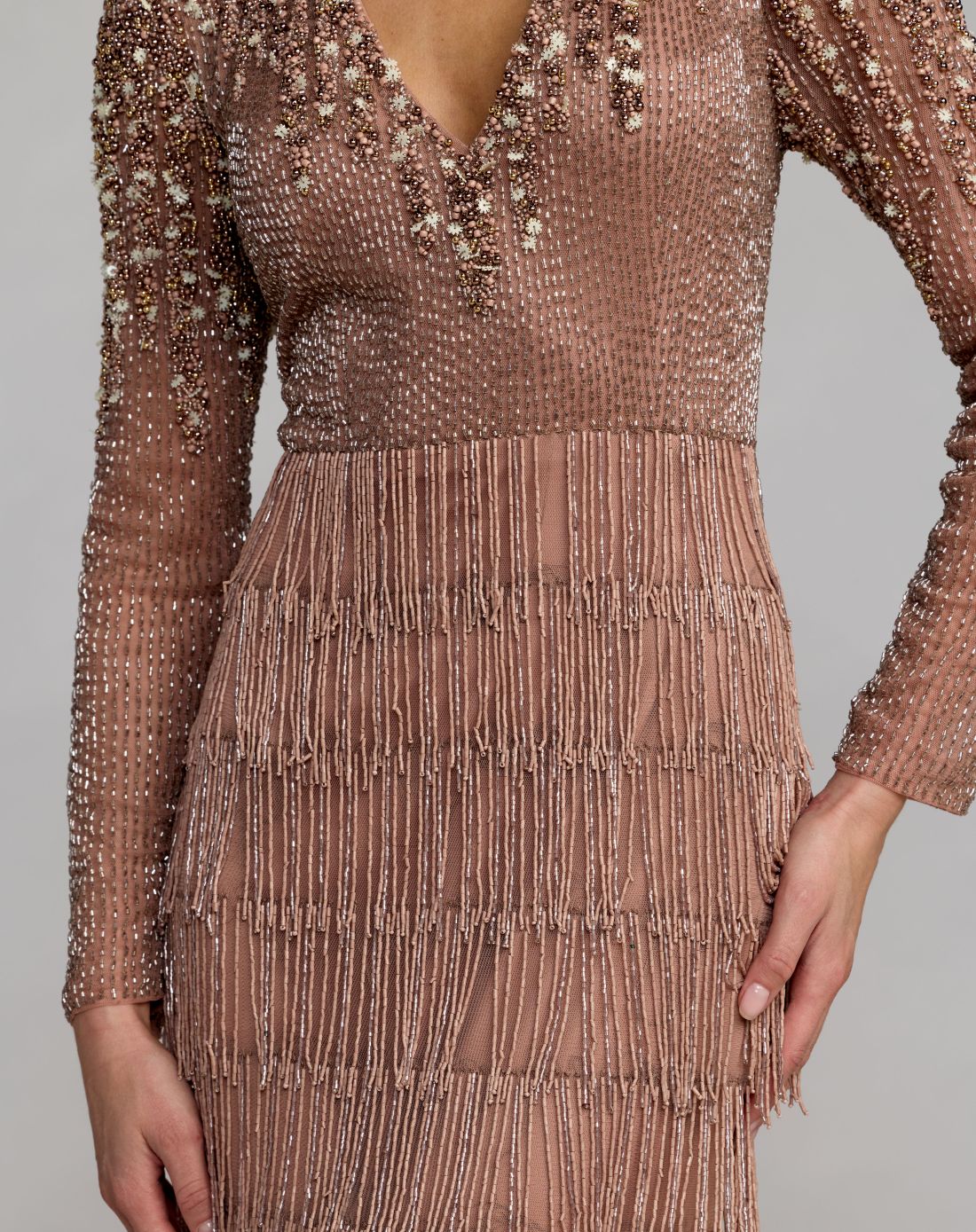 Mac Duggal Brown Beaded Long Sleeve Fringe Column Gown