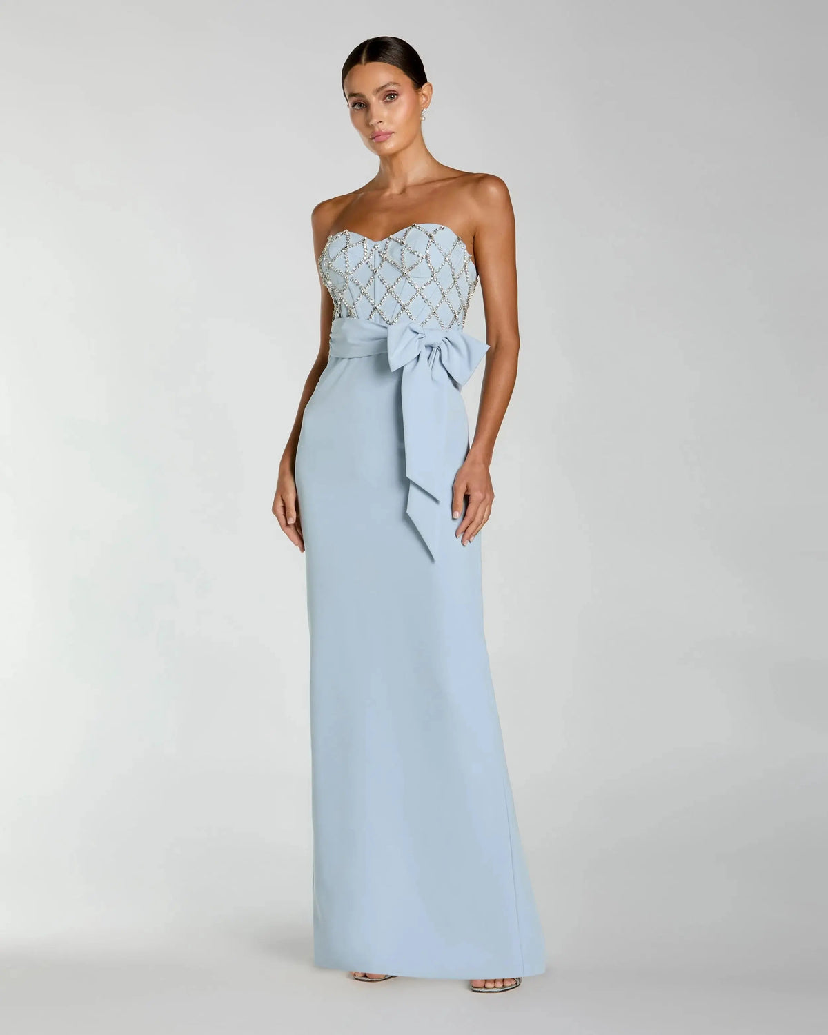 Mac Duggal Blue Strapless Crepe Embellished Bustier Gown With Bow