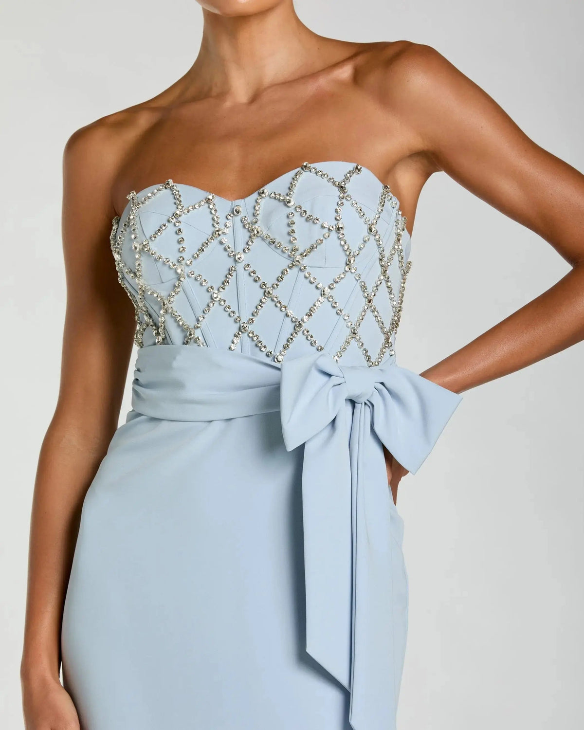 Mac Duggal Blue Strapless Crepe Embellished Bustier Gown With Bow