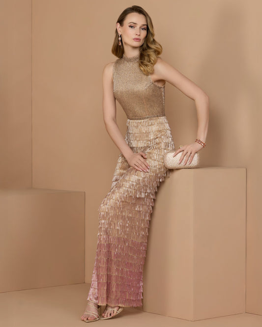 Mac Duggal Beige Mock Neck Sleeveless Beaded Fringe Gown