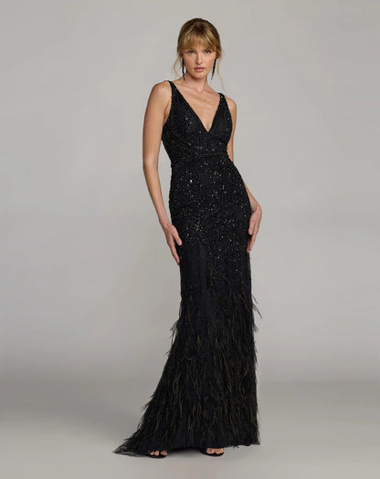 Mac Duggal Black Embellished V-Neck Gown With Feather Hem